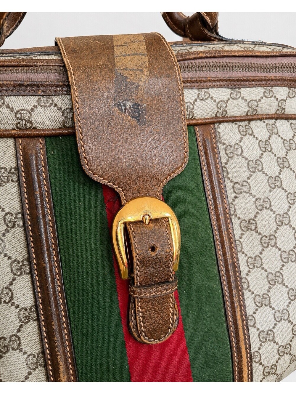 Vintage GUCCI GG Plus Monogram Leather Oversized Web Weekender Bag Suitcase Home - Picture 3 of 8
